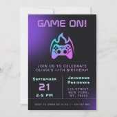 ガールゲーマーバースデーパーティネオンビデオゲームテーマ 招待状 (正面)