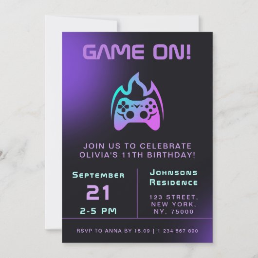 ガールゲーマーバースデーパーティネオンビデオゲームテーマ 招待状 (正面)