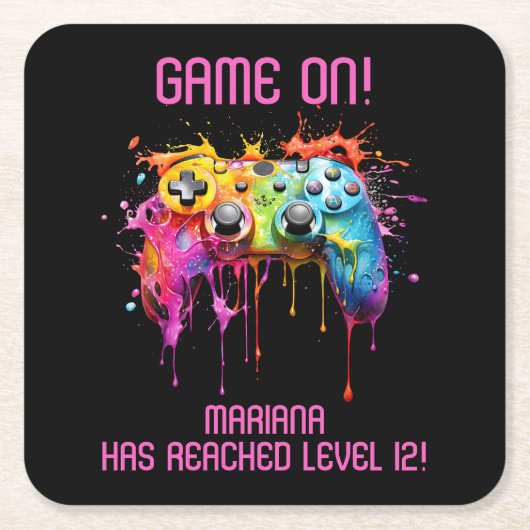 ガールゲーマーピンクビデオゲームパーティー スクエアペーパーコースター (正面)