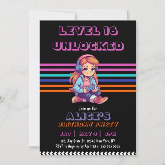 ガールゲームのビデオゲームレベルアップ誕生日 招待状 (正面)