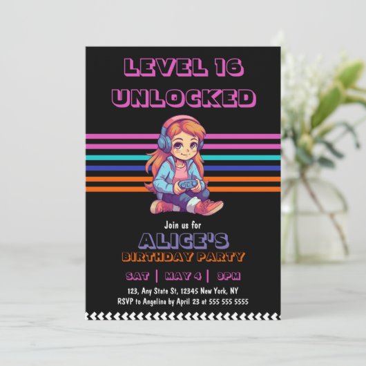 ガールゲームのビデオゲームレベルアップ誕生日 招待状 (スタンド正面)