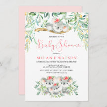 ガールコアラブッシュベビーベビーシャワー招待状
