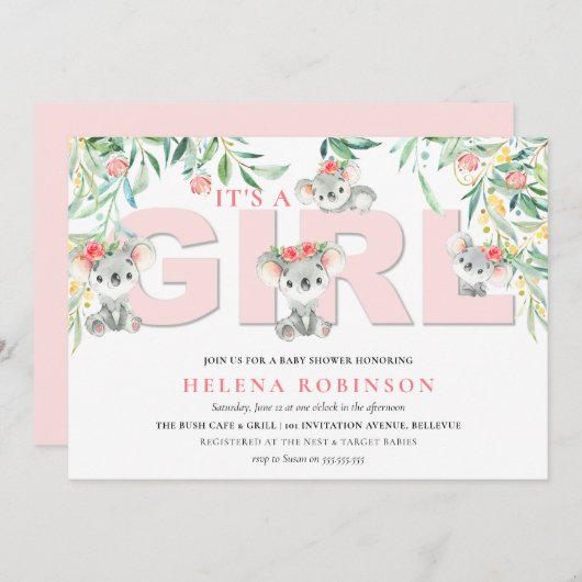 ガールコアラベビーベビーシャワー招待状 招待状 (正面/裏面)