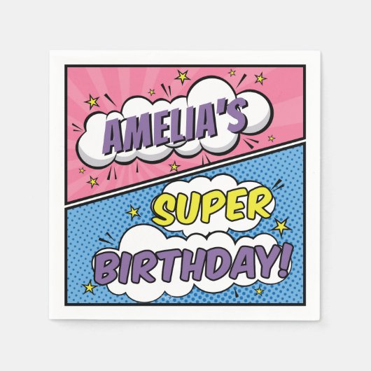 ガールコミックブックスタイルスーパーヒーローハッピーバースデー スタンダードカクテルナプキン (正面)
