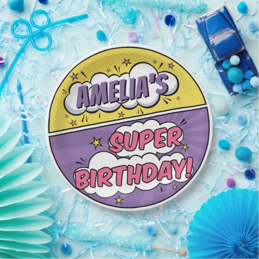 ガールコミックブックスタイルスーパーヒーローハッピーバースデー ペーパープレート (パーティー)