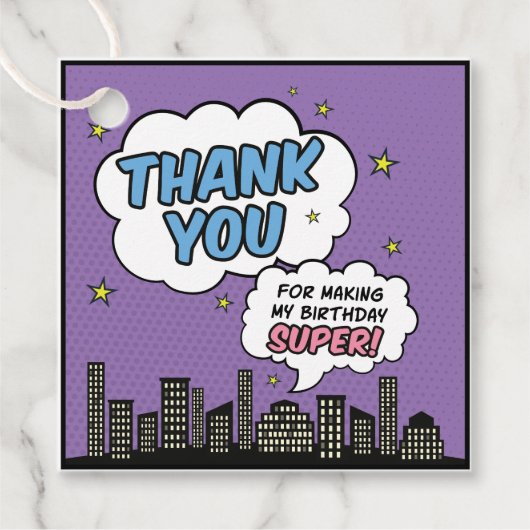 ガールコミックブックスタイルスーパーヒーロー誕生日ありがとう フェイバータグ (正面)