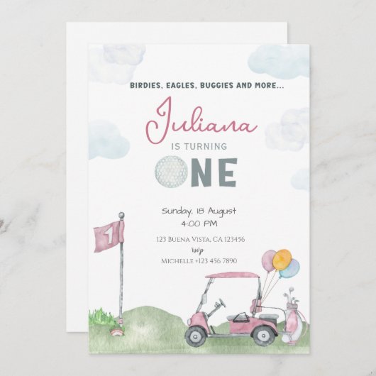 ガールゴルフ誕生日招待状テンプレートゴルフコース セーブザデート (正面/裏面)