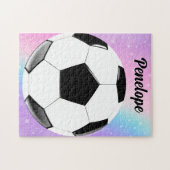 ガールサッカーボールパステルスターパーソナライズされたズ名 ジグソーパズル (横)