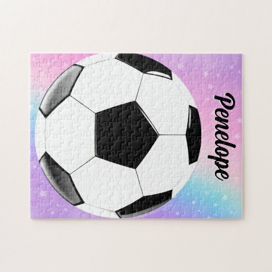 ガールサッカーボールパステルスターパーソナライズされたズ名 ジグソーパズル (横)