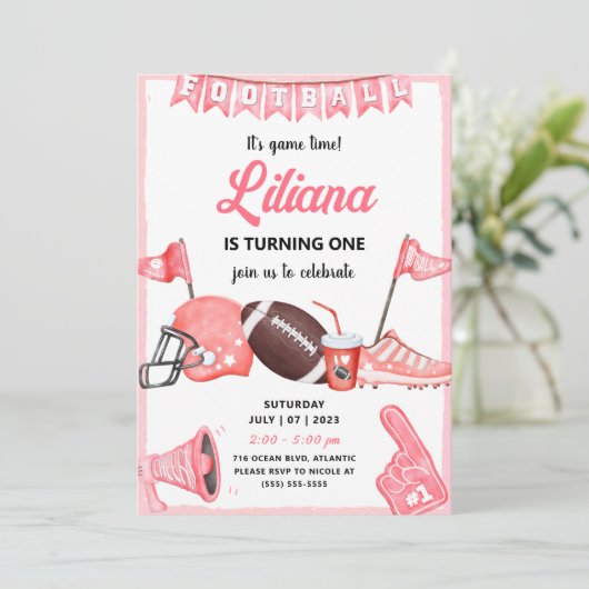 ガールサッカーボールファースト誕生日招待状 招待状 (スタンド正面)