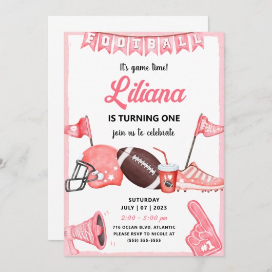 ガールサッカーボールファースト誕生日招待状 招待状 (正面/裏面)