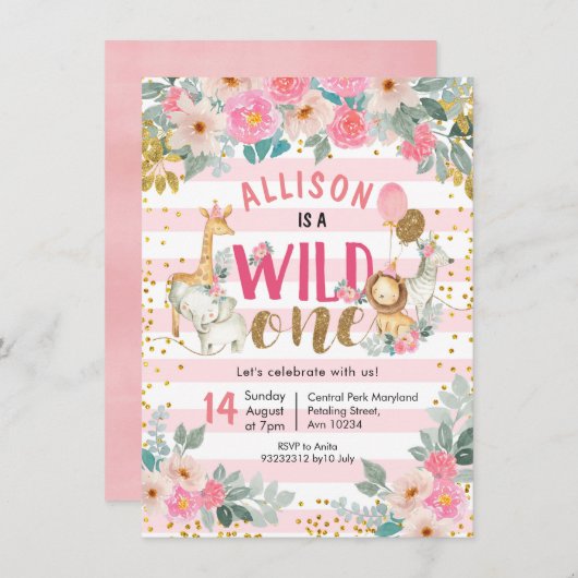 ガールサファリの誕生日の招待状 招待状 (正面/裏面)