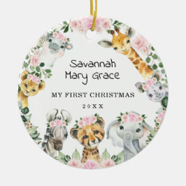 ガールサファリアニマルズピンクフローラベビー1stクリスマス セラミックオーナメント