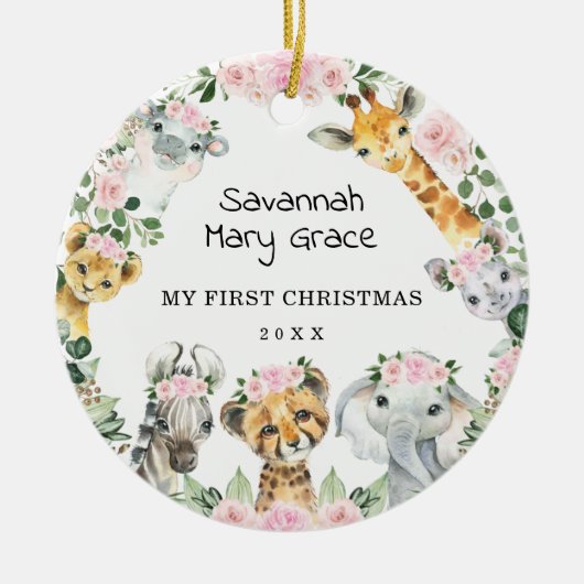 ガールサファリアニマルズピンクフローラベビー1stクリスマス セラミックオーナメント (正面)