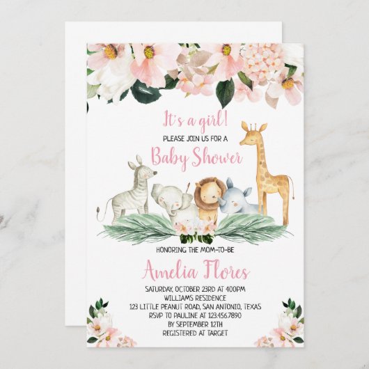 ガールサファリアニマルズベビーシャワー招待状 招待状 (正面/裏面)