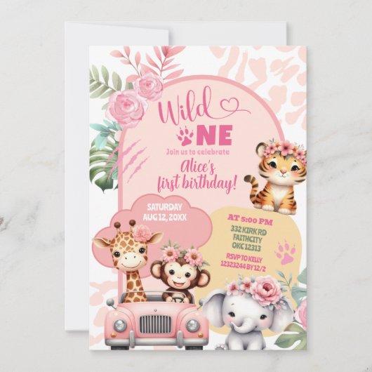 ガールサファリアニマルズワイルドワンファースト誕生日 招待状 (正面)