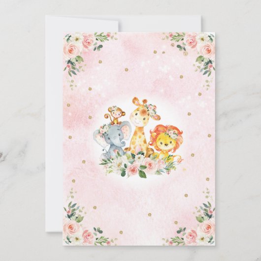 ガールサファリアニマルズ赤面ピンクフローラジャングルベビー サンキューカード (裏面)