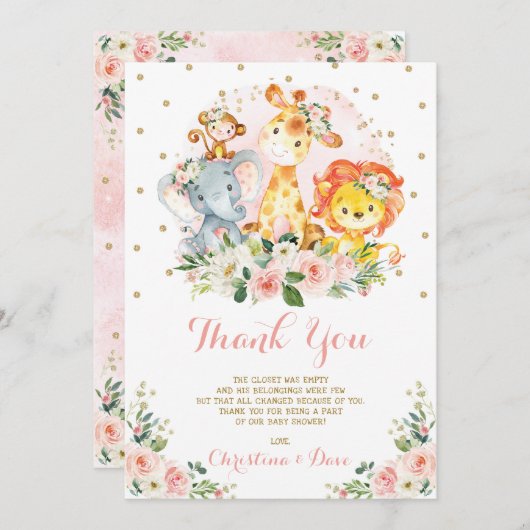 ガールサファリアニマルズ赤面ピンクフローラジャングルベビー サンキューカード (正面/裏面)
