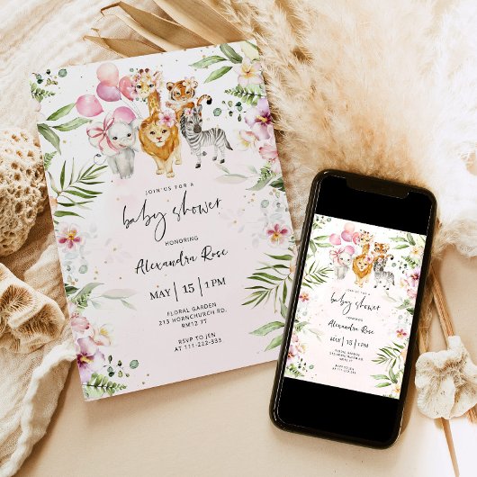 ガールサファリ動物のベビーシャワー招待状 招待状