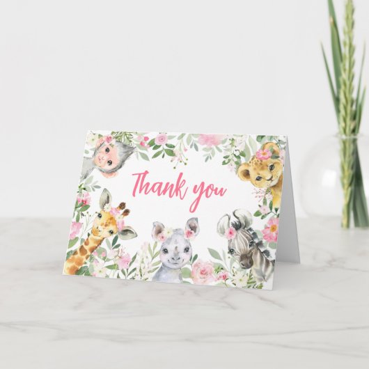 ガールサファリ動物のベビーシャワー サンキューカード (正面)