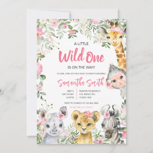 ガールサファリ動物のベビーシャワー 招待状 (正面)