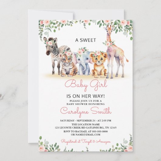 ガールサファリ動物の緑のジャングルベビーシャワー 招待状 (正面)
