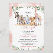 ガールサファリ動物の緑のジャングルベビーシャワー 招待状 (正面/裏面)