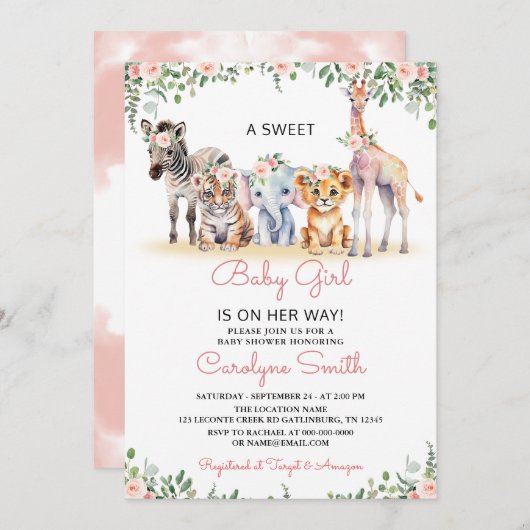 ガールサファリ動物の緑のジャングルベビーシャワー 招待状 (正面/裏面)