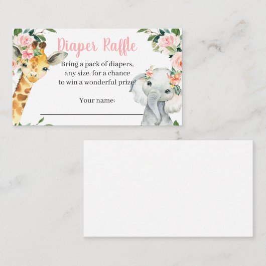 ガールサファリ動物の赤ちゃんシャワーおむつラッフルカード エンクロージャーカード (正面/裏面)