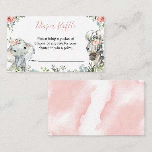 ガールサファリ動物の赤ちゃんシャワーおむつラッフル エンクロージャーカード (正面/裏面)