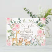 ガールサファリ動物ベビーシャワー招待状、ピンクのバラ 招待状 (スタンド正面)