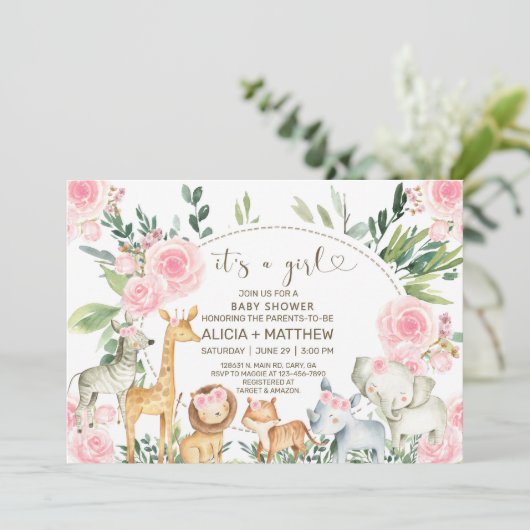 ガールサファリ動物ベビーシャワー招待状、ピンクのバラ 招待状 (スタンド正面)