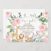 ガールサファリ動物ベビーシャワー招待状、ピンクのバラ 招待状 (正面/裏面)