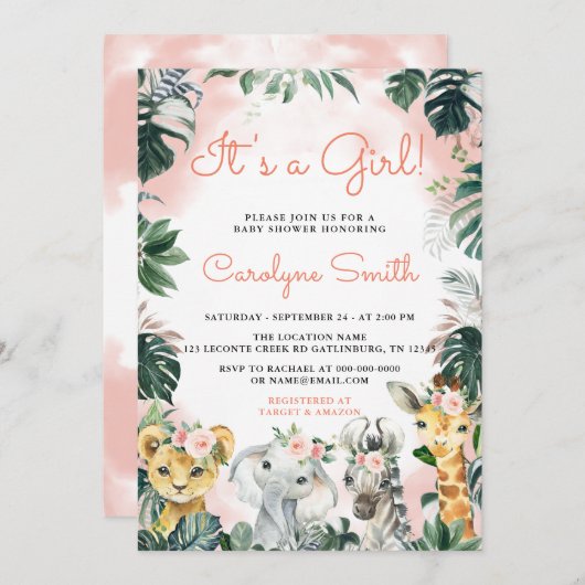 ガールサファリ動物ベビーシャワー招待状 招待状 (正面/裏面)