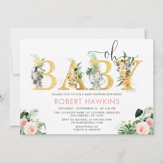 ガールサファリ動物編集可能オ赤ちゃんシャワー 招待状 (正面)