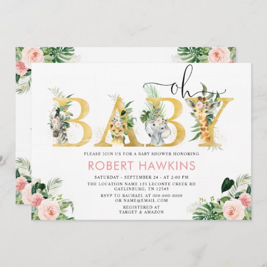 ガールサファリ動物編集可能オ赤ちゃんシャワー 招待状 (正面/裏面)