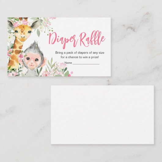 ガールサファリ動物赤ちゃんシャワーおむつラッフル エンクロージャーカード (正面/裏面)