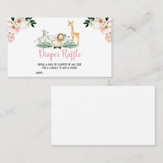 ガールサファリ動物赤ちゃんシャワーおむつラッフル 名刺 (正面/裏面)