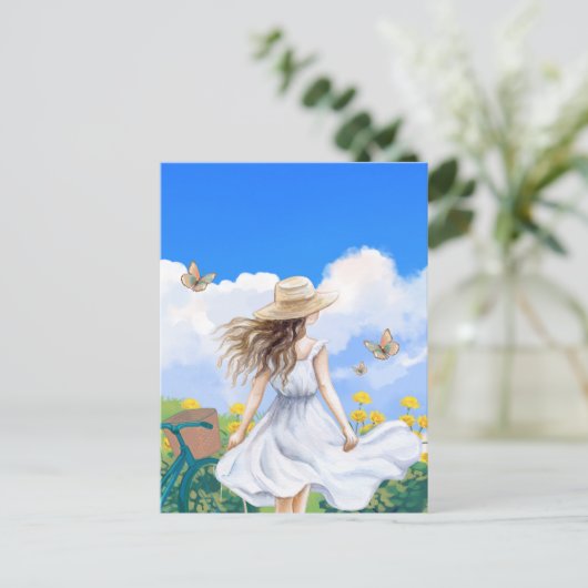 ガールサマードレス美しい風景のスカイブルー ポストカード (スタンド正面)