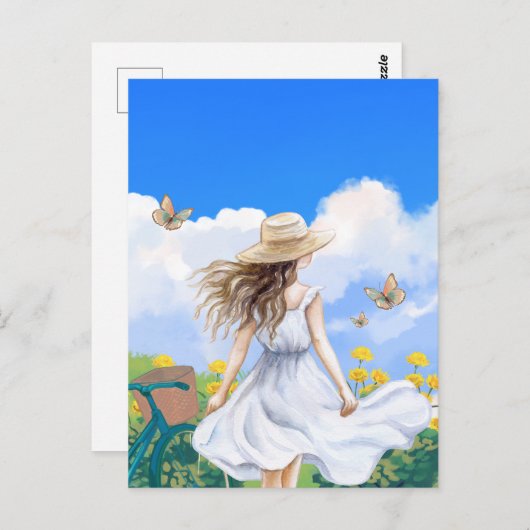 ガールサマードレス美しい風景のスカイブルー ポストカード (正面/裏面)