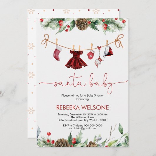 ガールサンタベビークリスマスベビーシャワーの招待状 招待状 (正面/裏面)
