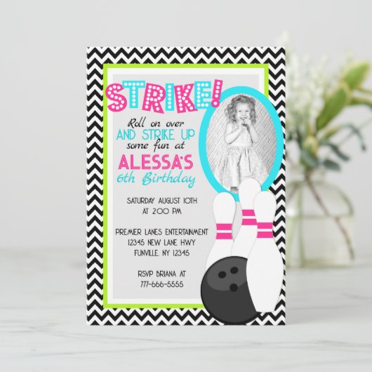 ガールシェブロンボーリング誕生日写真招待状 招待状 (スタンド正面)