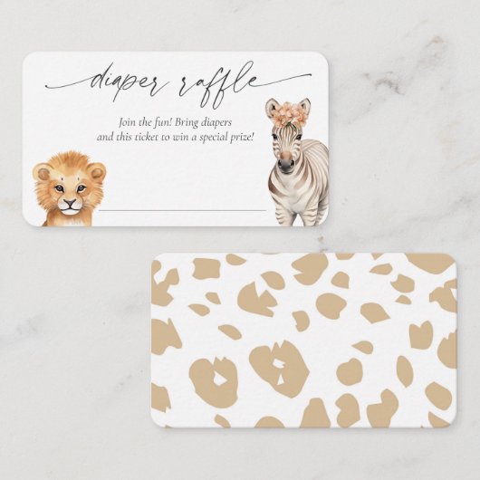 ガールシャワーおむつラッフルチケット、サファリ動物 エンクロージャーカード (正面/裏面)