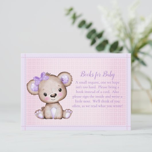 ガールシャワーEn用ベビーかわいい紫色のクマの本 エンクロージャーカード (スタンド正面)