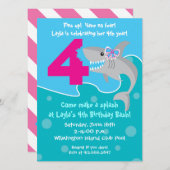 ガールシャークバイト招待状- 4番目の誕生日パーティー 招待状 (正面/裏面)