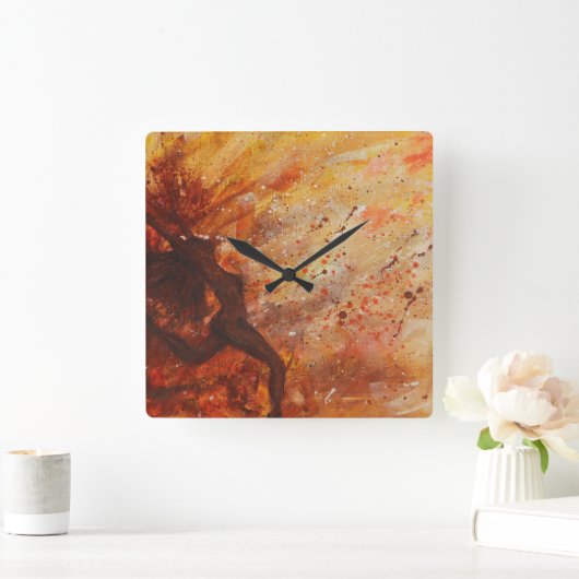 ガールシルエットオレンジイエロートーン抽象芸術 スクエア壁時計 (ホーム)