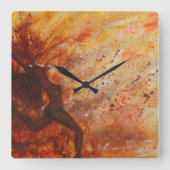 ガールシルエットオレンジイエロートーン抽象芸術 スクエア壁時計 (正面)