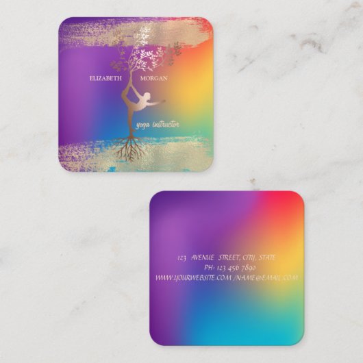 ガールシルエット金ゴールドブラシストロークグラデーションホログラフィック スクエア名刺 (正面/裏面)