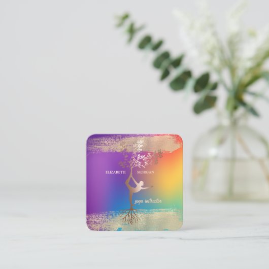 ガールシルエット金ゴールドブラシストロークグラデーションホログラフィック スクエア名刺 (スタンド正面)