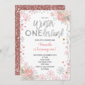 ガールシルバーウィンターワンダーランドスノー誕生日招待状 招待状 (正面/裏面)